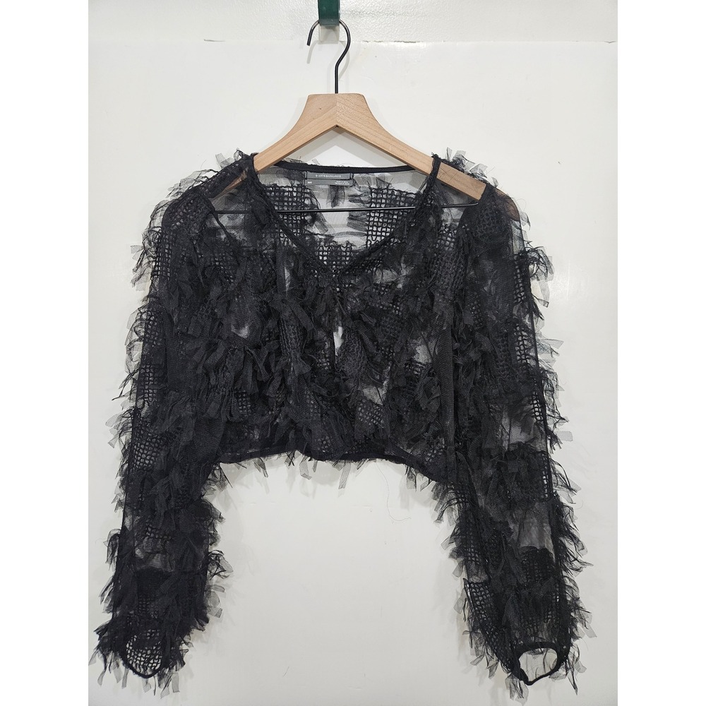 Anthropologie Black Sheer Tulle Fringe Cropped Shrug XS/S Mesh Layering Top